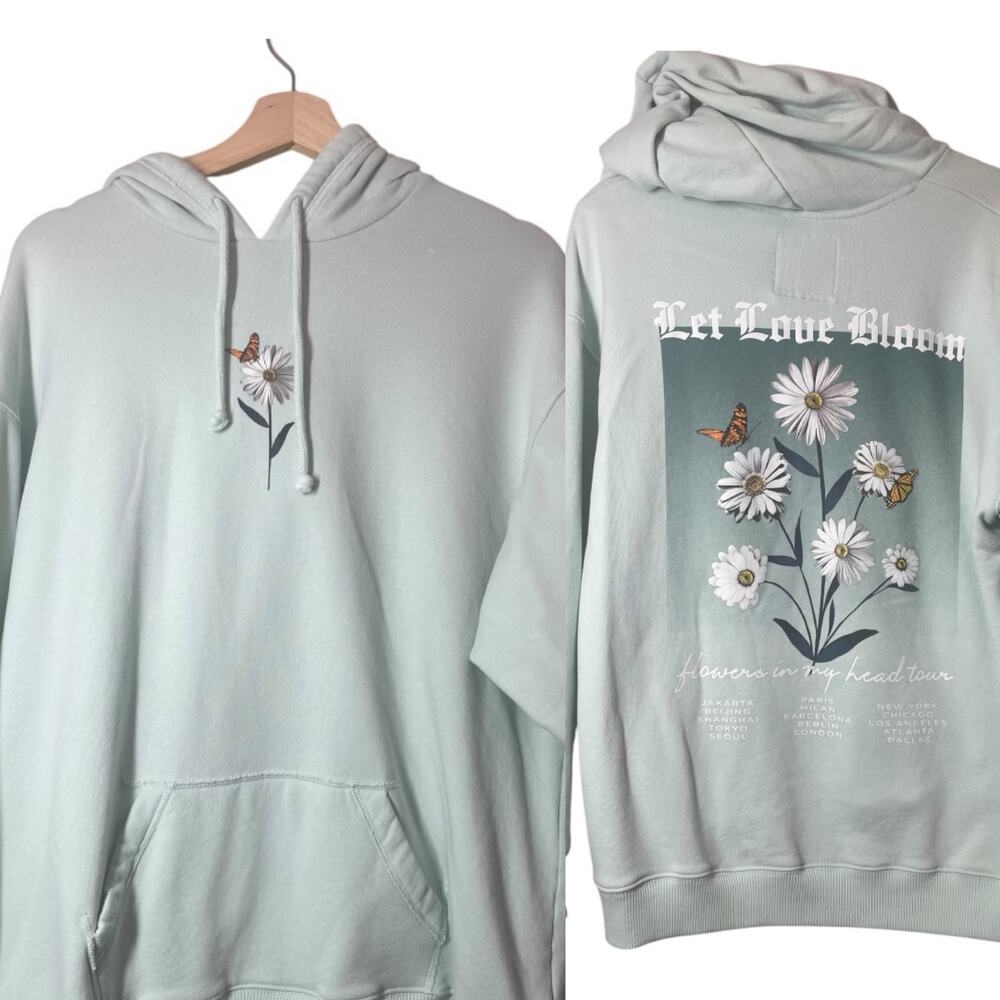 Hollister Mint Green Hoodie Sweatshirt Size Medium Let Love Bloom Flowers Daisy